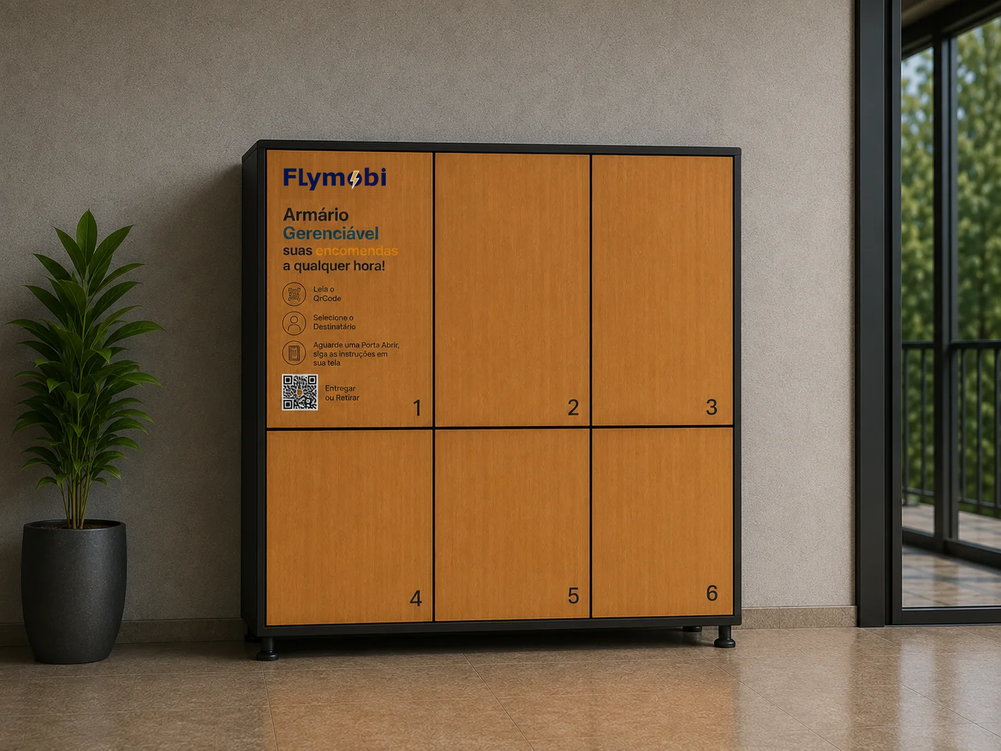 Armário inteligente Flymobi de seis portas em acabamento escuro