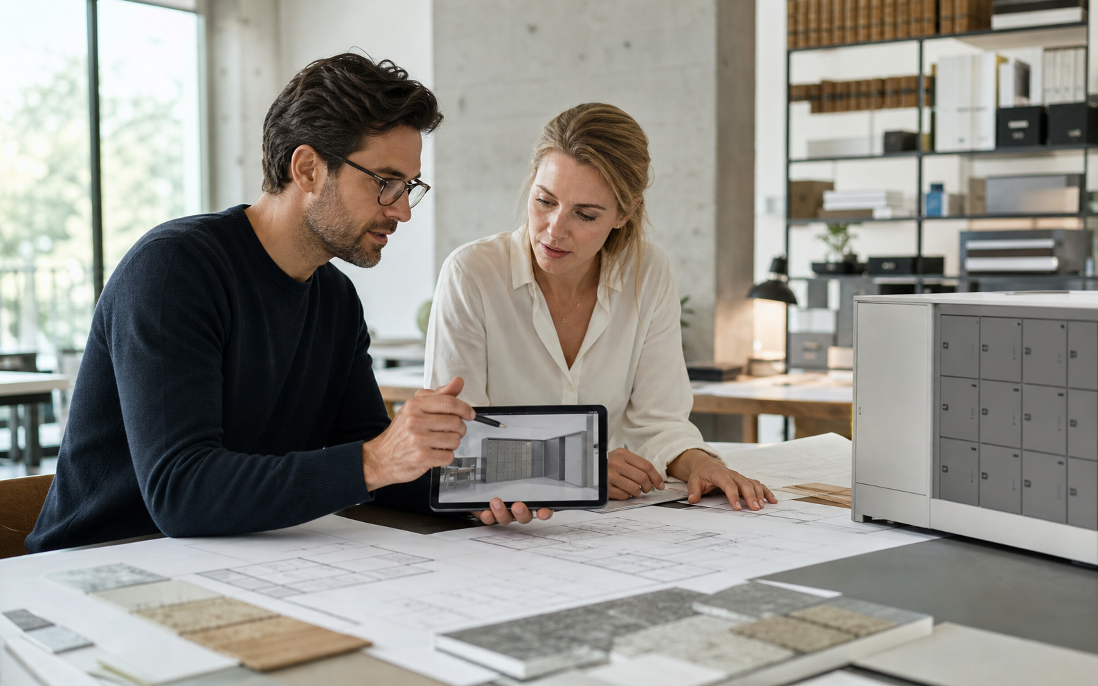 Arquitetos analisando projeto para armário inteligente